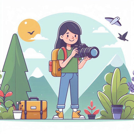 Vector illustration of a girl tourist with a camera in the mountains.のイラスト素材