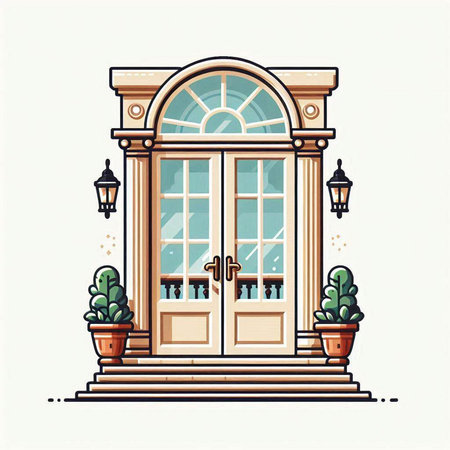 Vector illustration of an old wooden door with a lantern and plants.のイラスト素材