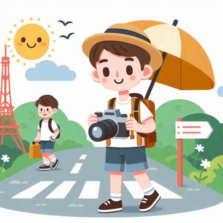 Illustration of a boy and a girl on the road with a cameraのイラスト素材