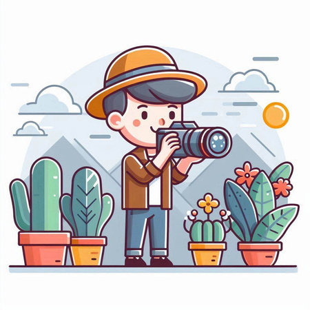 Vector illustration of a boy taking photos with a camera in the gardenのイラスト素材