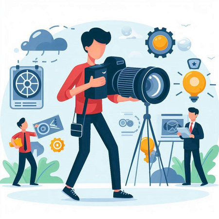 Photographer and videographer with camera. Professional equipment. Vector illustrationのイラスト素材