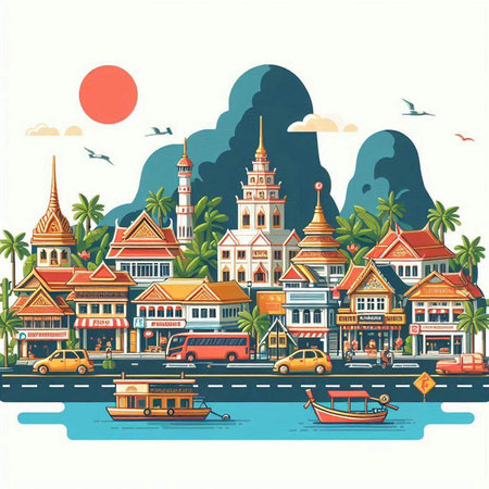 Thai city, vector illustration. Travel concept. Landscape of Thailand.のイラスト素材