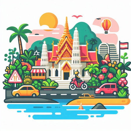 Thai temple in flat style on white background. Vector illustration.のイラスト素材