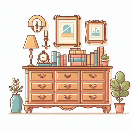 Vector illustration of a chest of drawers with books, lamp and plants.のイラスト素材