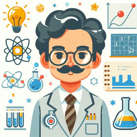 Scientist in laboratory flat vector illustration. Chemistry, biology and medicine concept.のイラスト素材