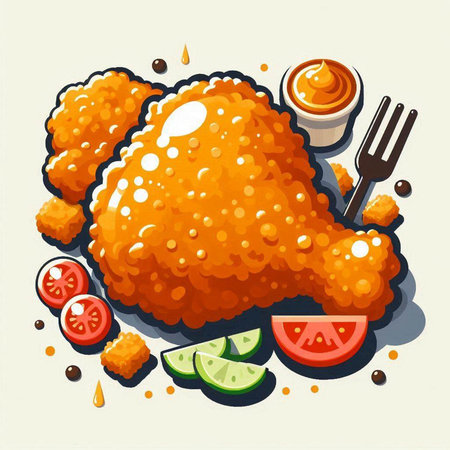 Illustration of fried chicken with sauce and vegetables on a white backgroundのイラスト素材