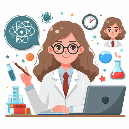 Scientist woman with laptop and science related icons. Vector illustration in cartoon style.のイラスト素材