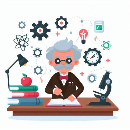 Old professor sitting at desk and writing in notebook. Vector illustration in flat styleのイラスト素材