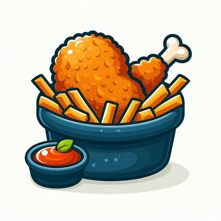 Illustration of fried chicken in bowl with french fries and ketchupのイラスト素材