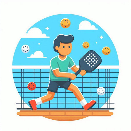 Young man playing badminton. Vector illustration in flat style.のイラスト素材