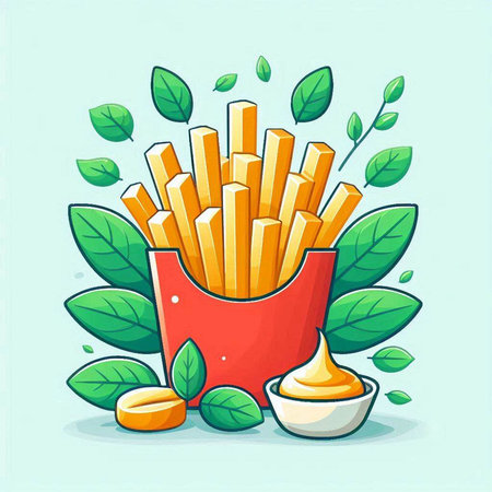 French fries in a red box with green leaves. Vector illustration.のイラスト素材