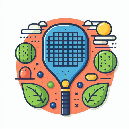 Tennis racket with ball and leaves. Vector illustration in flat linear style.のイラスト素材