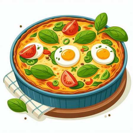 Illustration of a pizza with eggs and basil on a white backgroundのイラスト素材