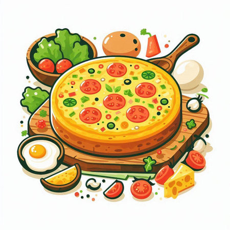 Pizza on a cutting board with vegetables and eggs. Vector illustration.のイラスト素材