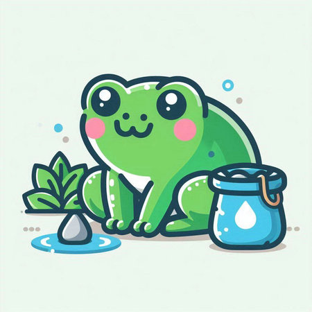 Cute frog with a pot of water. Vector cartoon illustration.のイラスト素材