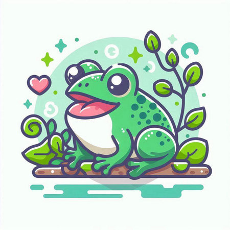 Cute frog with green leaves on white background. Vector illustration.のイラスト素材