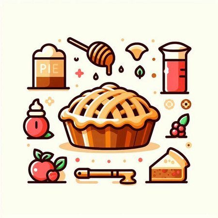 Vector illustration of apple pie in flat line style with food icons.のイラスト素材