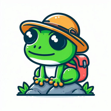 Cute cartoon frog in a hat with a backpack. Vector illustration.のイラスト素材