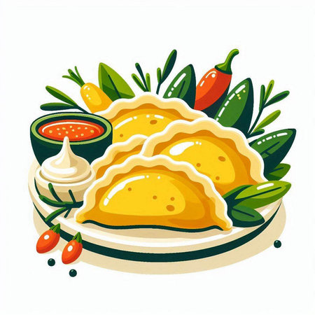 Mexican empanadas with chilli sauce. Vector illustration.のイラスト素材