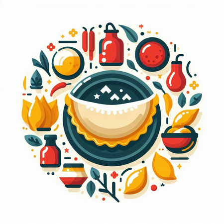 Vector illustration of traditional indian food. Flat design in circle.のイラスト素材