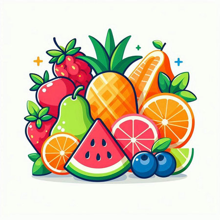 Fruits and berries in cartoon style. Vector illustration for your designのイラスト素材