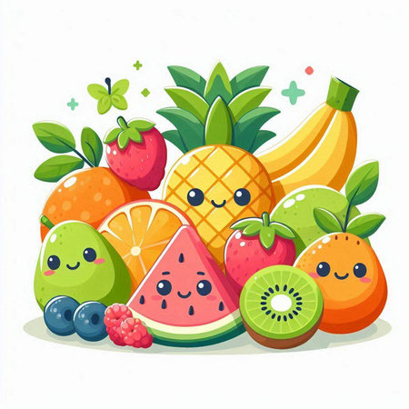 Fruits vector illustration. Funny cartoon character of kawaii fruits.のイラスト素材