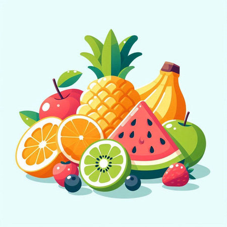 Fruits and berries vector illustration. Healthy lifestyle concept. Flat cartoon style.のイラスト素材