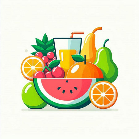 Fruits and juice in a bowl. Vector illustration in flat styleのイラスト素材