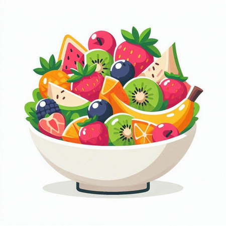 Fresh fruit salad in bowl isolated on white background. Vector illustration.のイラスト素材