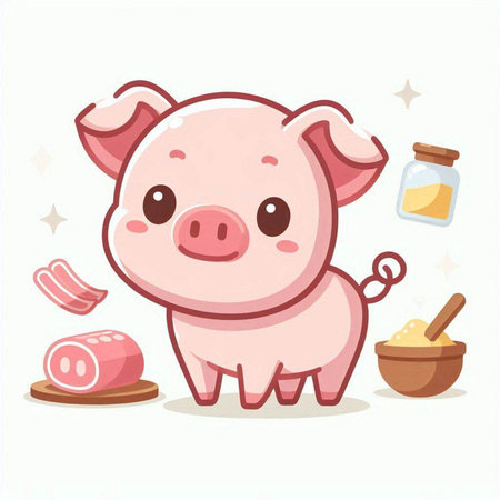 Cute piglet with food. Vector illustration in cartoon style.のイラスト素材