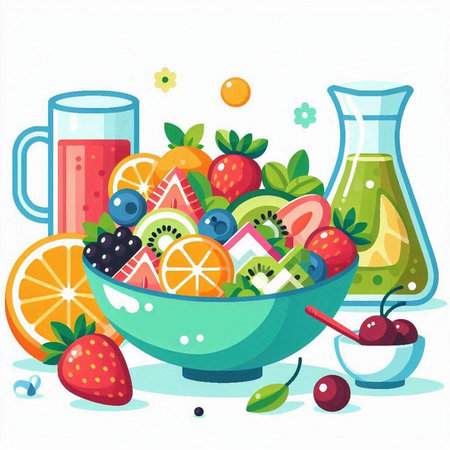 Healthy fruit salad in bowl. Vector illustration in cartoon style.のイラスト素材