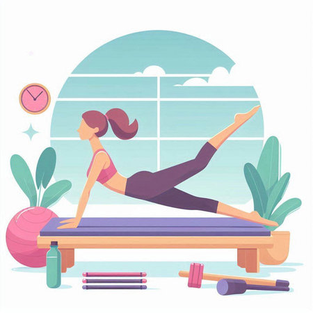 Vector illustration of a girl doing yoga in the gym. Flat style.のイラスト素材