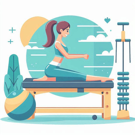 Young woman doing yoga in the gym. Vector illustration in flat styleのイラスト素材