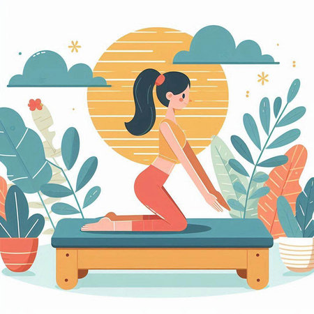 Woman practicing yoga on a wooden platform. Vector illustration in a flat style.のイラスト素材