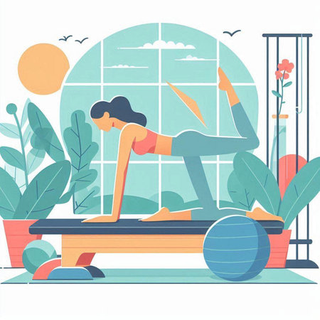 Young woman practicing yoga in a gym. Flat style vector illustration.のイラスト素材