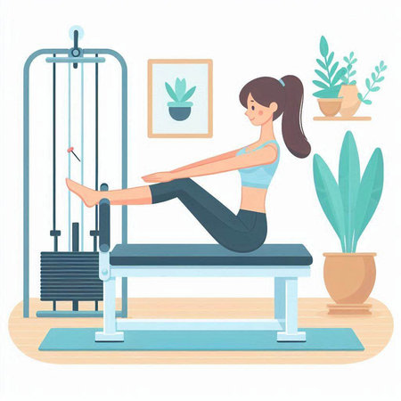 Woman doing stretching exercises in the gym. Vector illustration in flat styleのイラスト素材