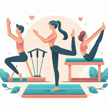 Vector illustration of two women doing yoga in the park. Flat style.のイラスト素材