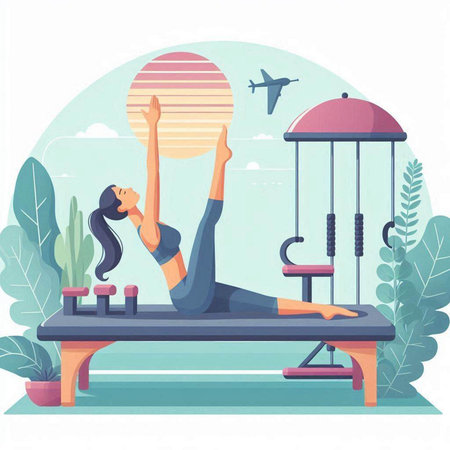 Woman practicing yoga on the bench. Vector illustration in flat style.のイラスト素材