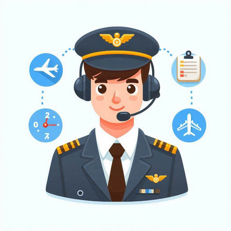 Pilot in uniform with headset and checklist. Flat vector illustration.のイラスト素材