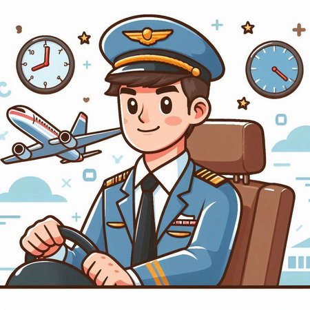 Airport pilot sitting in airplane seat and driving a plane. Vector illustration.のイラスト素材