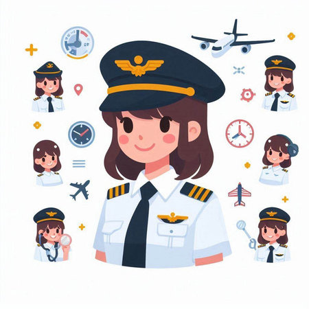 Set of cute pilot woman in uniform and different icons. Vector illustration.のイラスト素材