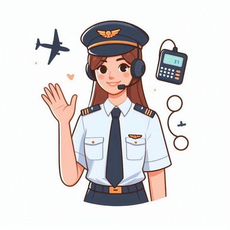 Pilot girl in uniform with airplane and calculator. Vector illustration.のイラスト素材