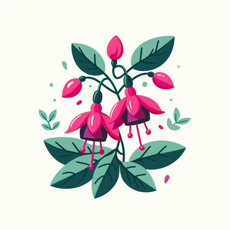 Fuchsia flowers with green leaves. Vector illustration in flat styleのイラスト素材