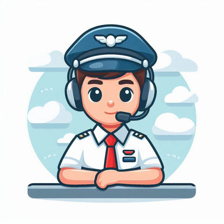 Pilot in uniform with headset. Cute cartoon vector illustration.のイラスト素材