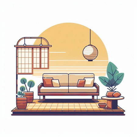Living room with sofa and coffee table. Flat style vector illustration.のイラスト素材
