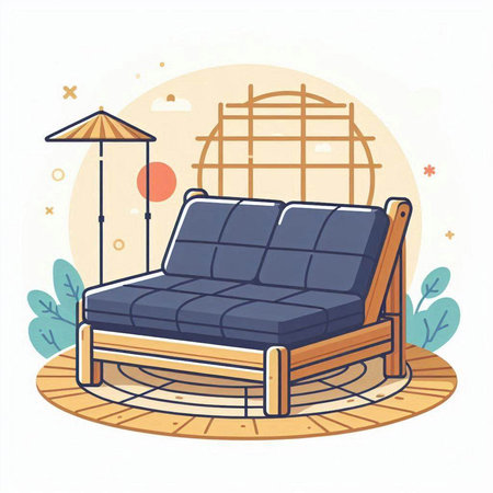 Wooden deck chair with chaise lounge. Vector illustration in flat styleのイラスト素材