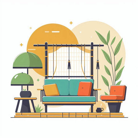 Swing with cushions and armchairs. Vector illustration in flat styleのイラスト素材