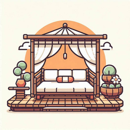 Illustration of a wooden bed with a canopy. Vector illustration.のイラスト素材