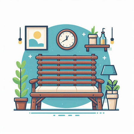 Vector illustration of a wooden bench in the living room with a clock.のイラスト素材