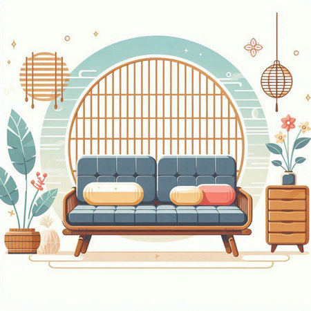 Interior of living room with sofa. Vector illustration in flat styleのイラスト素材